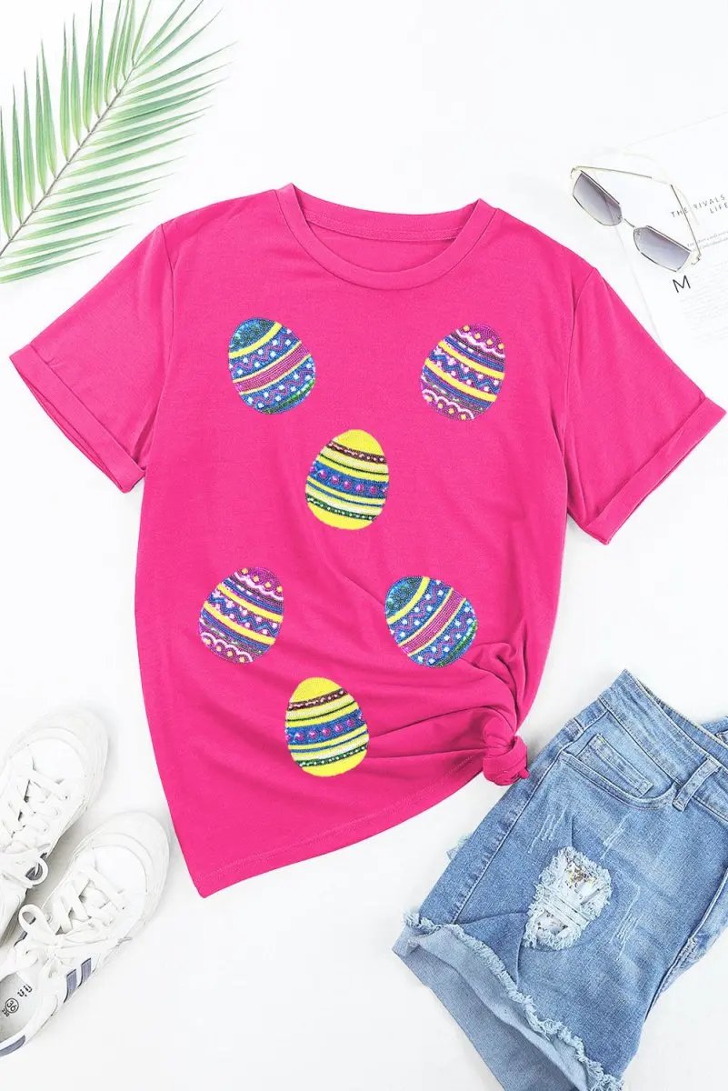 Love Salve Rose Red Sequin Easter Tee Women's Casual Summer T-Shirt - Sparkly & Festive