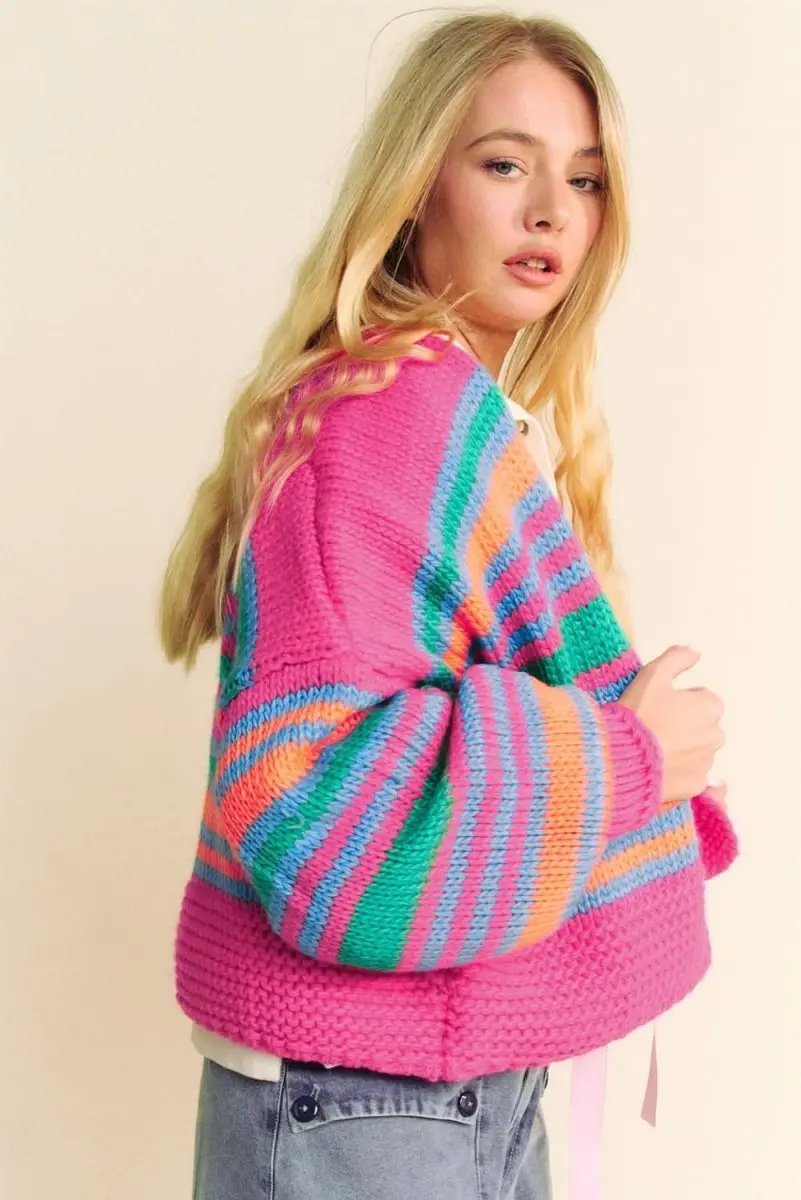 Love Salve Rose Stripe Cardigan Women's Daily Wear Knitwear Soft, Puff Sleeve