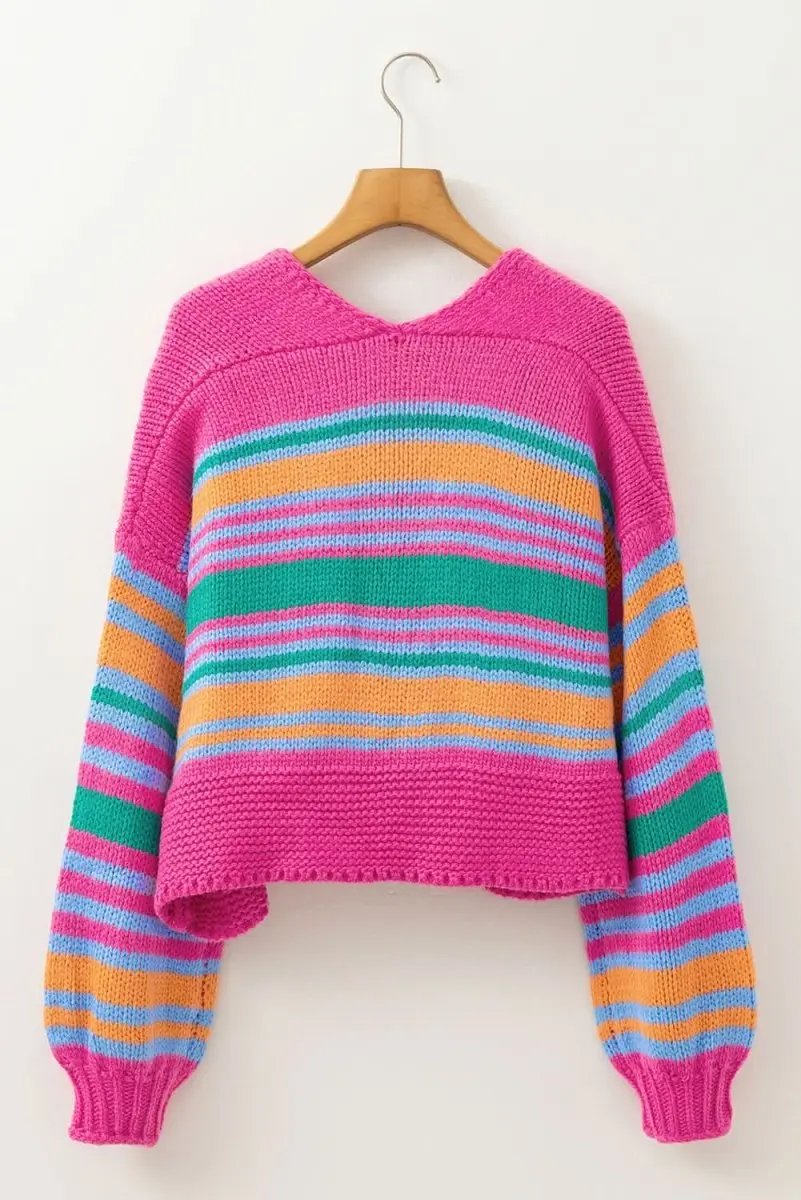Love Salve Rose Stripe Cardigan Women's Daily Wear Knitwear Soft, Puff Sleeve