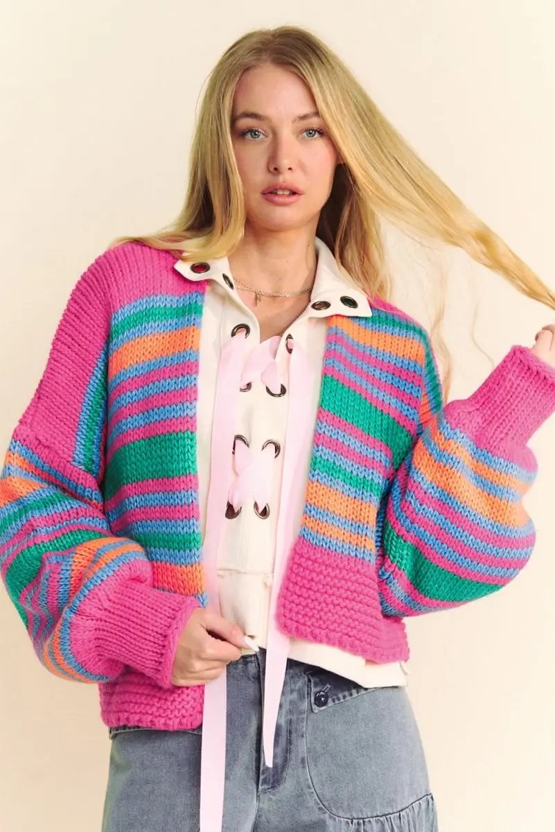 Love Salve Rose Stripe Cardigan Women's Daily Wear Knitwear Soft, Puff Sleeve