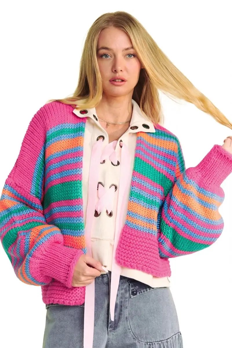 Love Salve Rose Stripe Cardigan Women's Daily Wear Knitwear Soft, Puff Sleeve