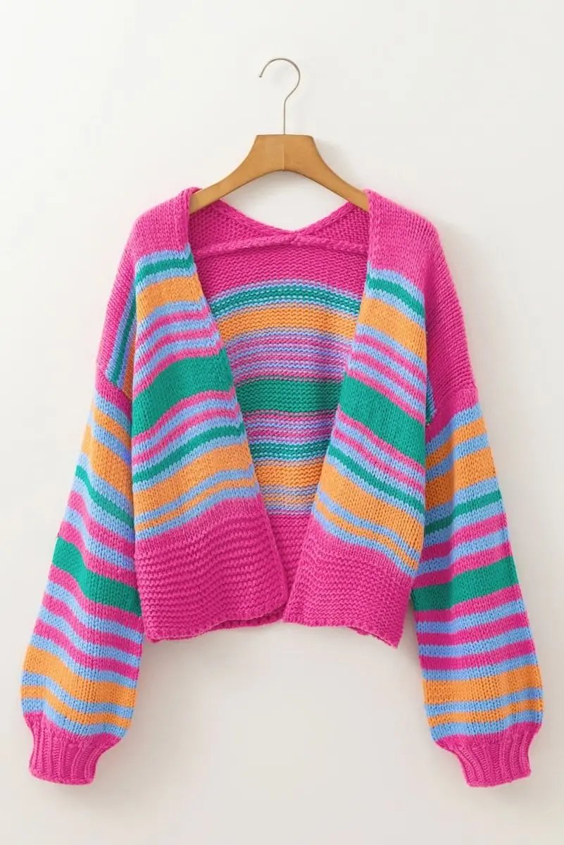 Love Salve Rose Stripe Cardigan Women's Daily Wear Knitwear Soft, Puff Sleeve