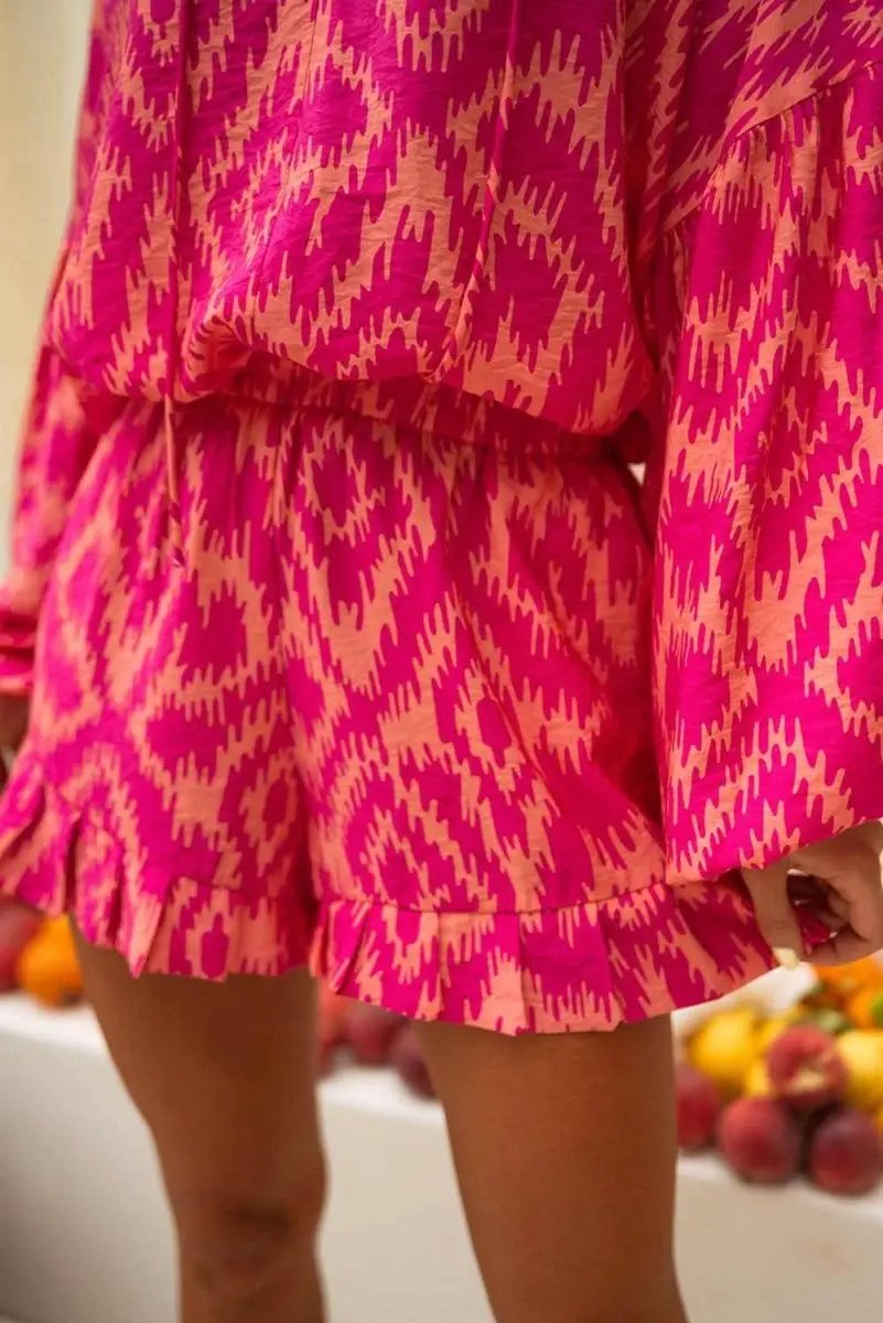 Love Salve Pink Aztec Set Women's Vacation Outfit Ruffled Shorts Puff Sleeve Top