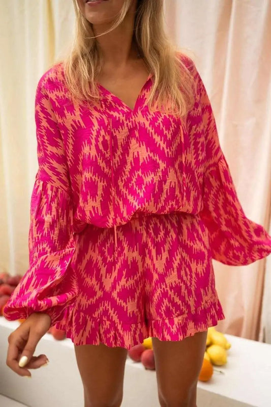 Love Salve Pink Aztec Set Women's Vacation Outfit Ruffled Shorts Puff Sleeve Top
