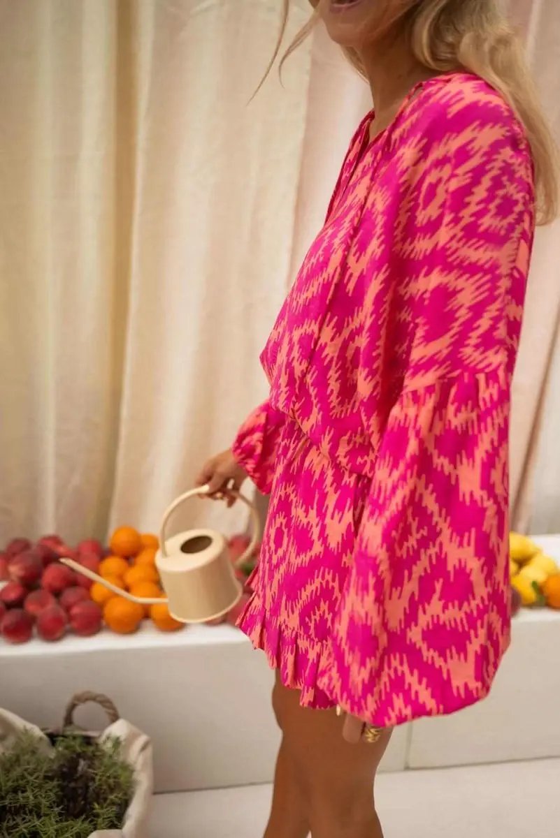 Love Salve Pink Aztec Set Women's Vacation Outfit Ruffled Shorts Puff Sleeve Top