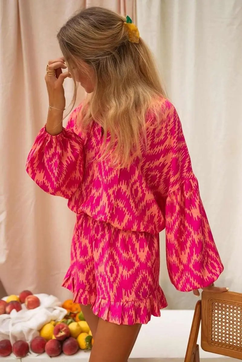 Love Salve Pink Aztec Set Women's Vacation Outfit Ruffled Shorts Puff Sleeve Top