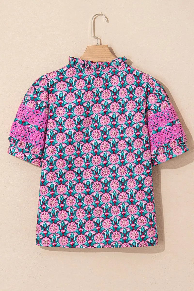 Love Salve Pink Floral Top Women's Daily Wear Blouse Ruffle V-Neck Puff Sleeve