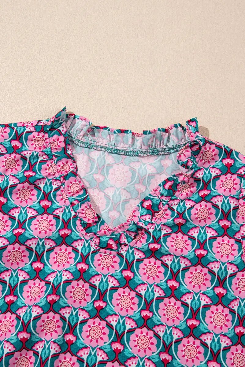 Love Salve Pink Floral Top Women's Daily Wear Blouse Ruffle V-Neck Puff Sleeve