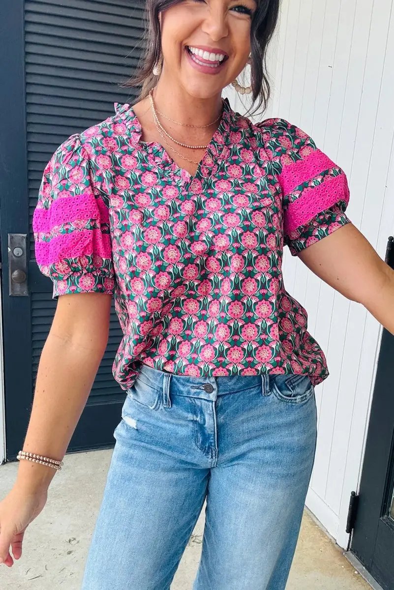 Love Salve Pink Floral Top Women's Daily Wear Blouse Ruffle V-Neck Puff Sleeve