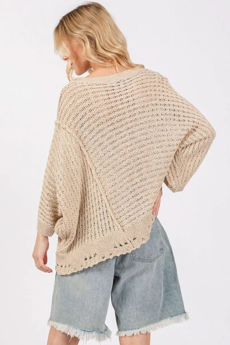 Trendsi Distressed Knit Sweater Women's Casual Open Stitch Comfy Top