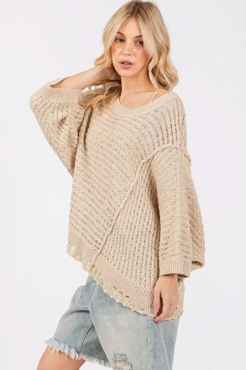 Trendsi Distressed Knit Sweater Women's Casual Open Stitch Comfy Top