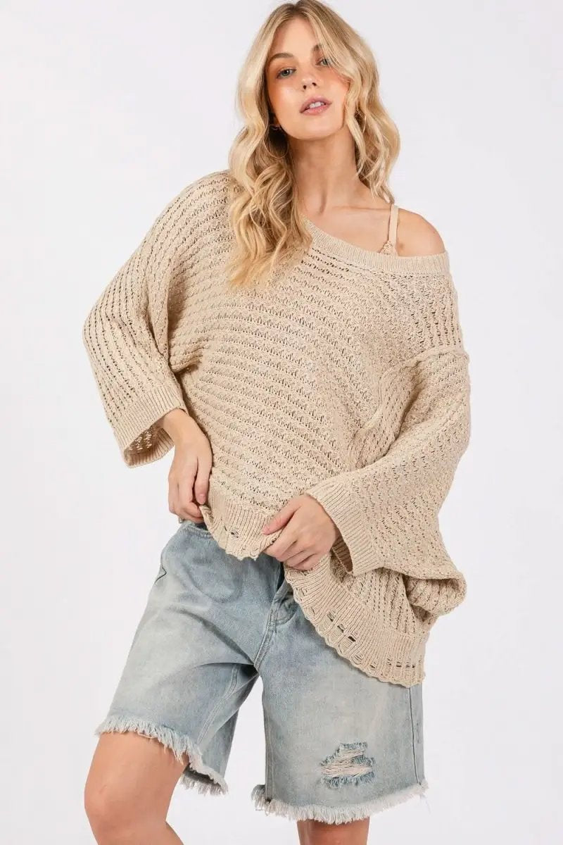 Trendsi Distressed Knit Sweater Women's Casual Open Stitch Comfy Top