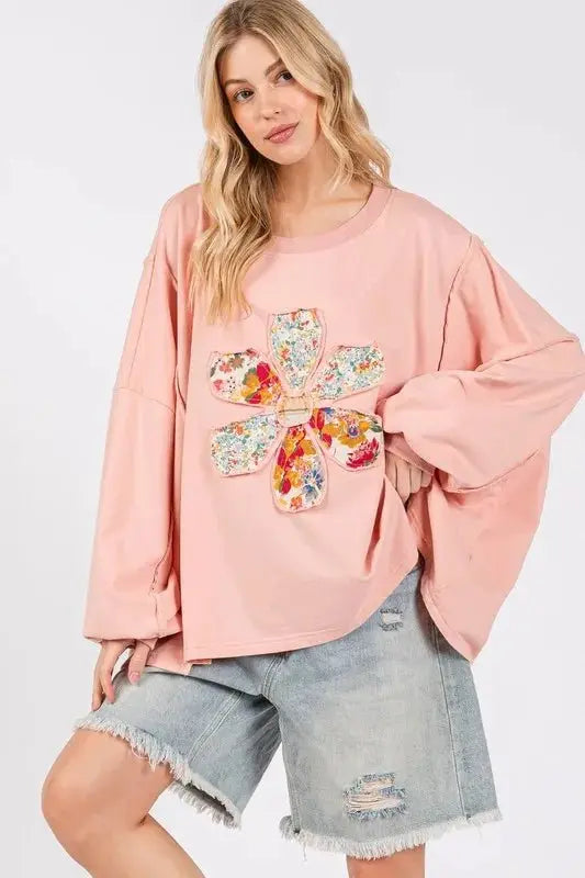 Trendsi Flower Patch Top Women's Casual Oversize Tee Dropped Shoulder USA Ship