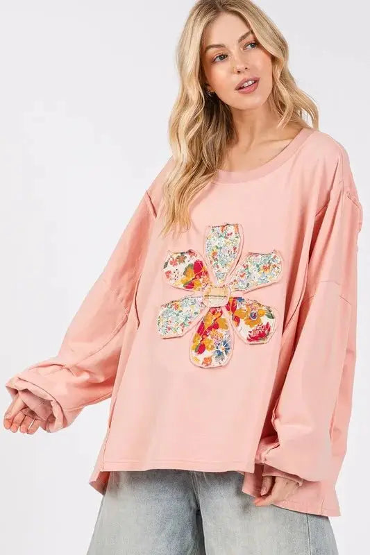 Trendsi Flower Patch Top Women's Casual Oversize Tee Dropped Shoulder USA Ship