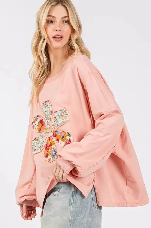 Trendsi Flower Patch Top Women's Casual Oversize Tee Dropped Shoulder USA Ship