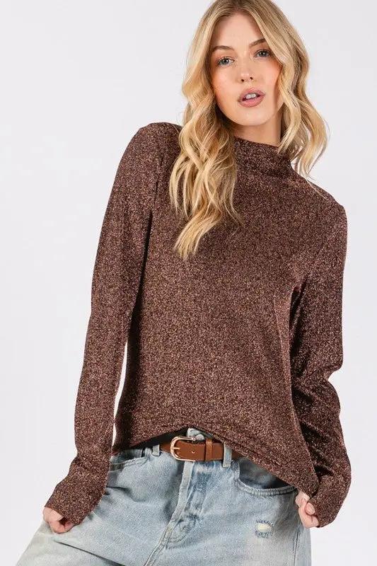 Trendsi Glitter Mock Neck Top Women's Party/Date Night Long Sleeve Lettuce Hem Shirt