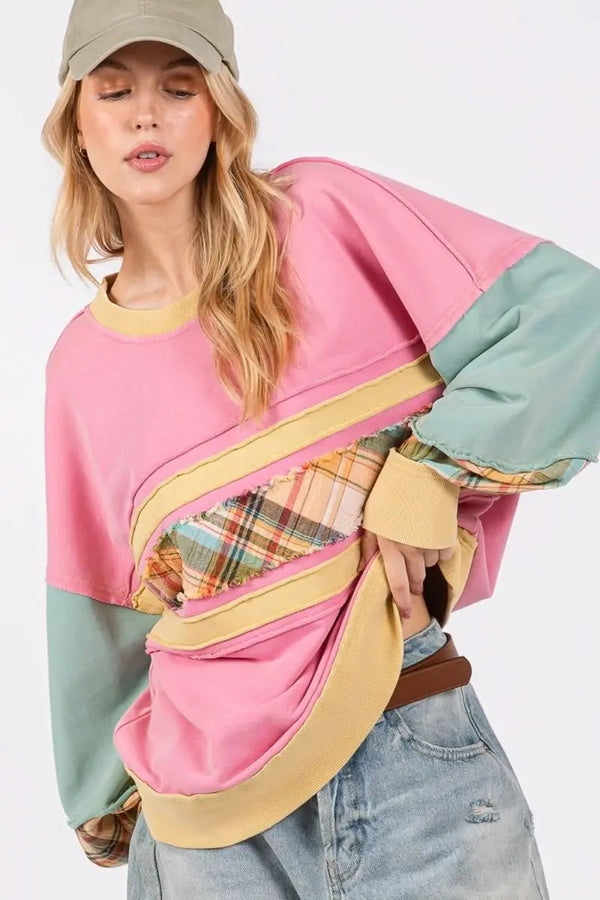 Trendsi Mineral Wash Color Block Women's Casual Sweatshirt Raw Edge Detail