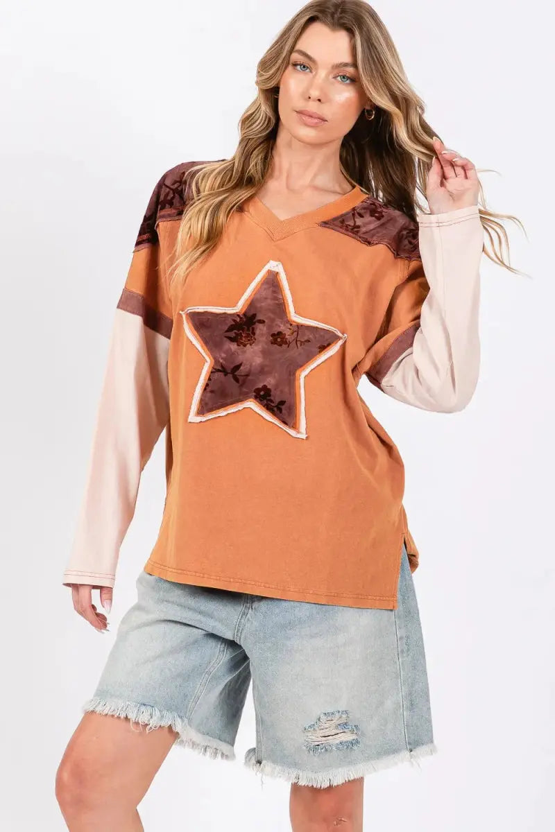 Trendsi Star Patch Colorblock Women's T-Shirt USA Shipped Long Sleeve