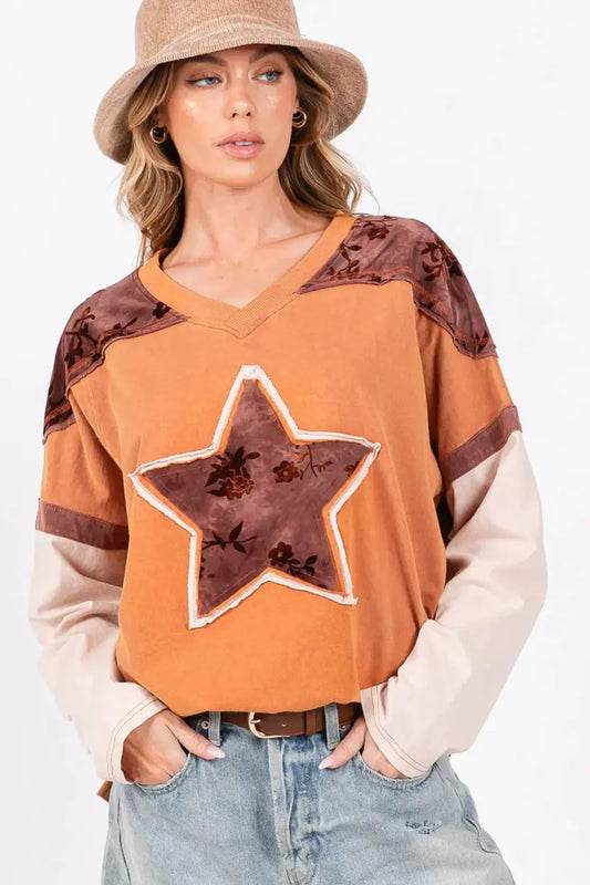 Trendsi Star Patch Colorblock Women's T-Shirt USA Shipped Long Sleeve