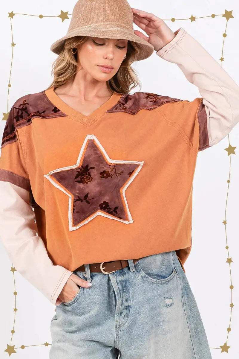 Trendsi Star Patch Colorblock Women's T-Shirt USA Shipped Long Sleeve