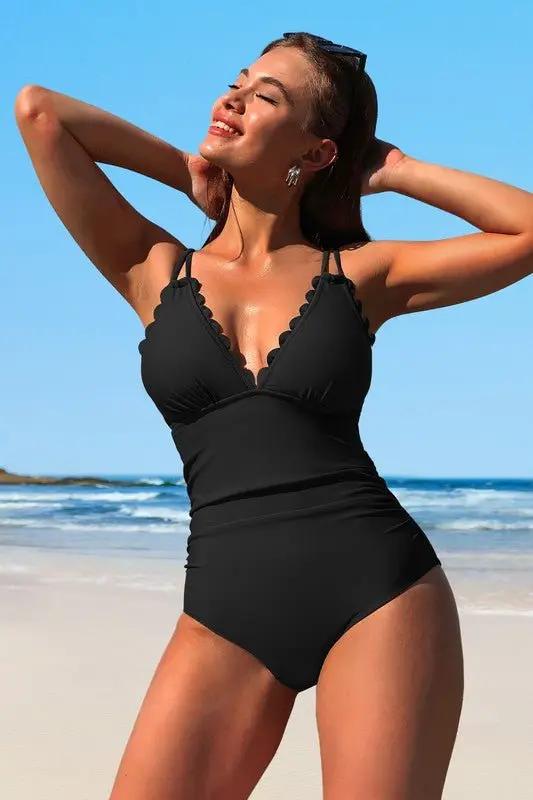 Monokini Swimsuit - Scalloped V-Neck Cut Out - Eco-Friendly One-Piece