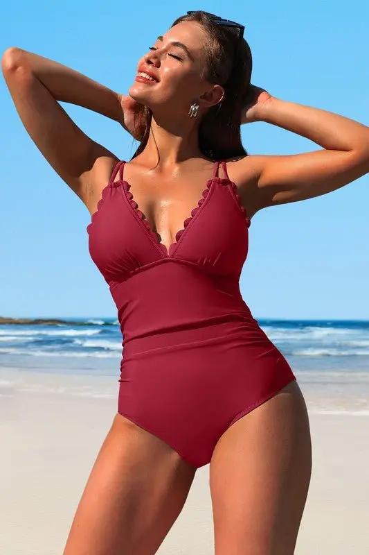 Monokini Swimsuit - Scalloped V-Neck Cut Out - Eco-Friendly One-Piece