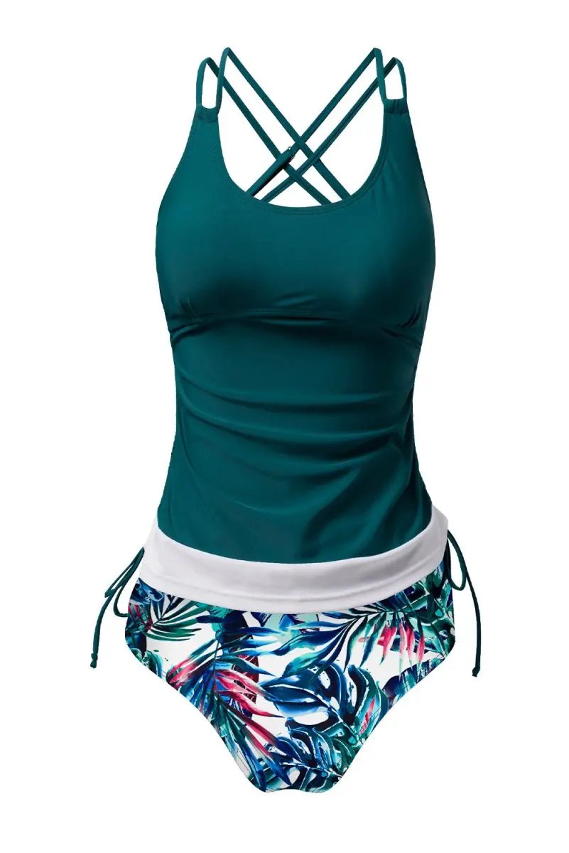 Love Salve Green Floral Tankini Women's Vacation Swimsuit Tummy Control Set