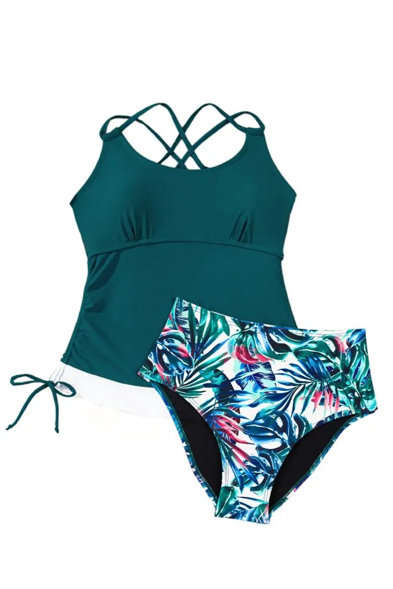 Love Salve Green Floral Tankini Women's Vacation Swimsuit Tummy Control Set