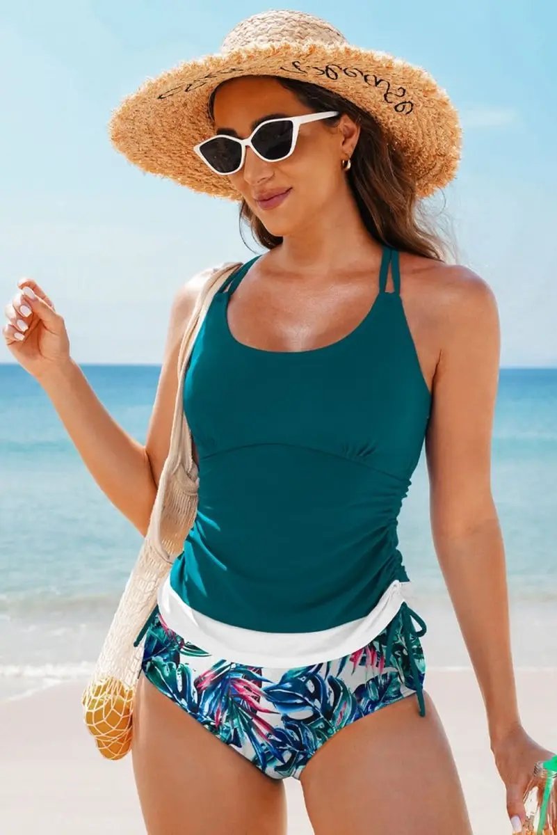 Love Salve Green Floral Tankini Women's Vacation Swimsuit Tummy Control Set
