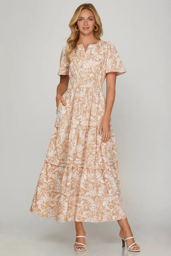 Trendsi Printed Maxi Dress Women's Casual Tiered Pintuck Woven Summer Dress