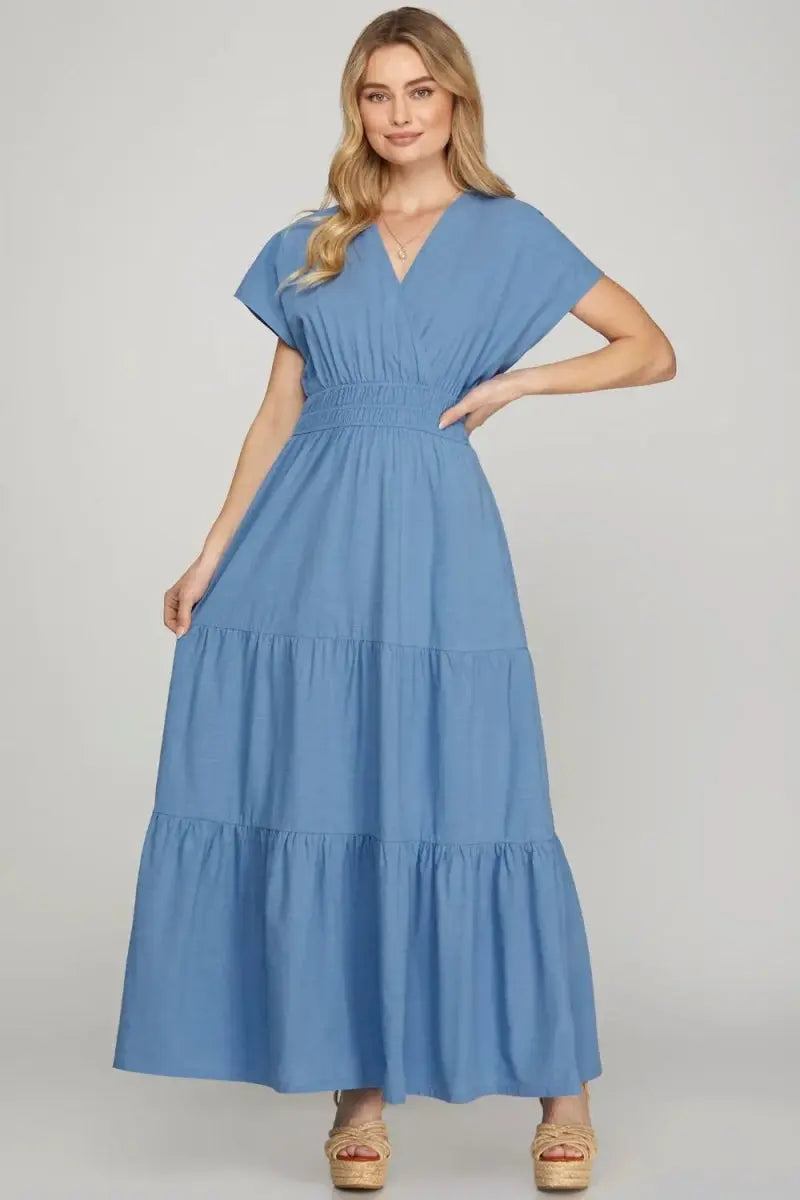Maxi Dress - Surplice Tiered with Pockets - Casual Summer