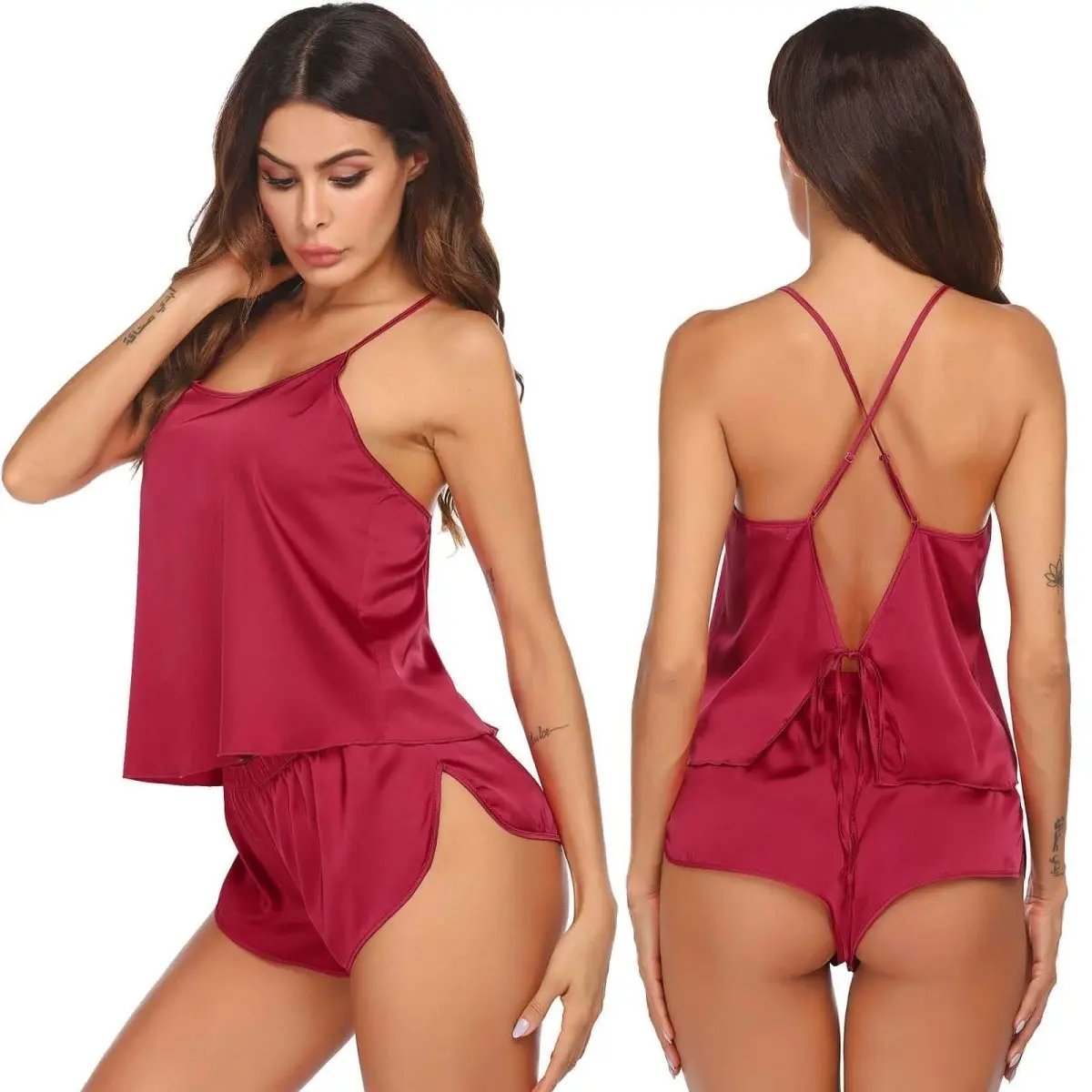 Love Salve Satin Pajamas Women's Backless Lingerie Cami Shorts Set Nightwear