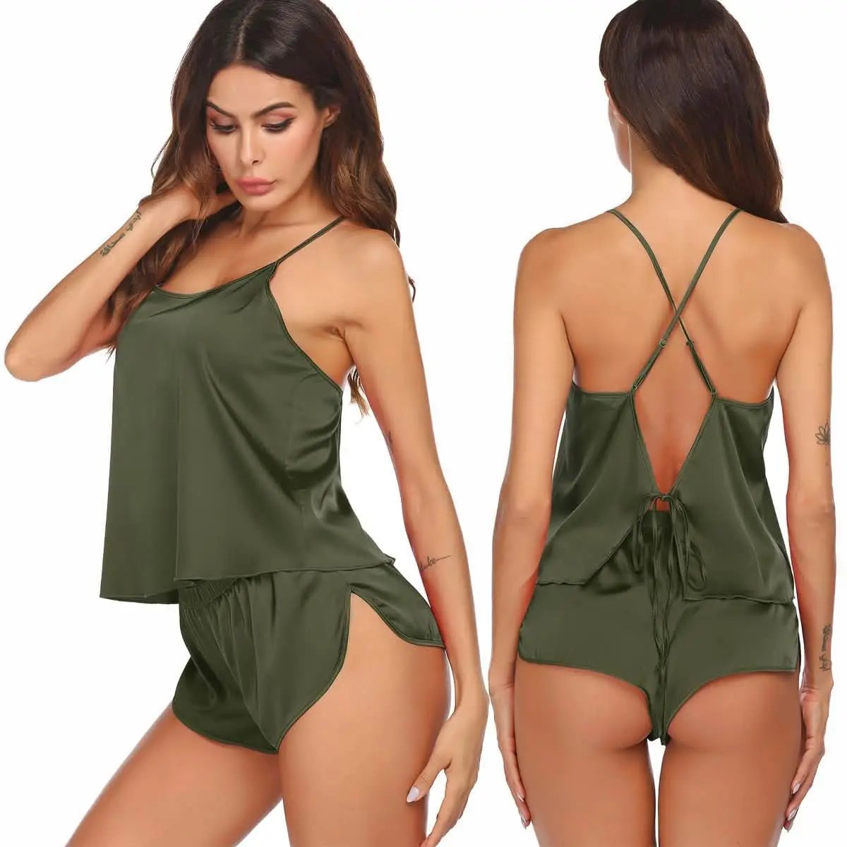 Love Salve Satin Pajamas Women's Backless Lingerie Cami Shorts Set Nightwear
