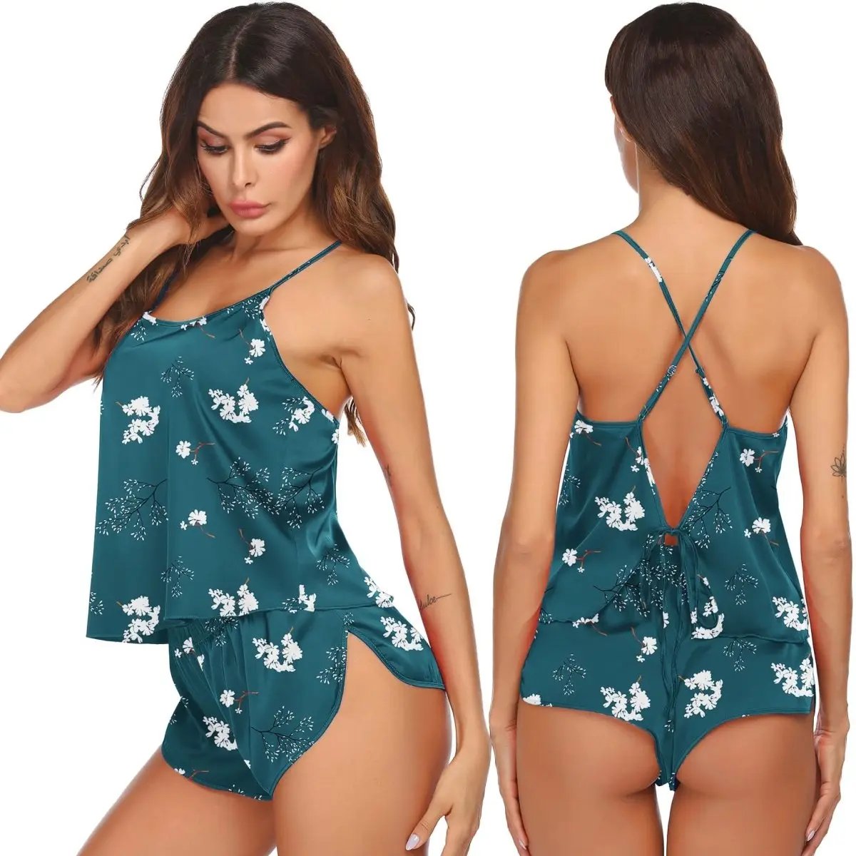 Love Salve Satin Pajamas Women's Backless Lingerie Cami Shorts Set Nightwear