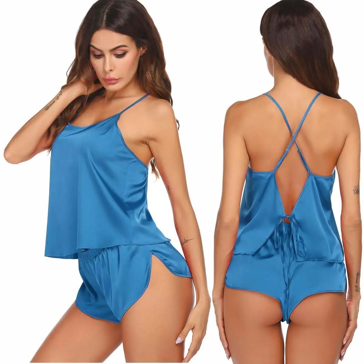 Love Salve Satin Pajamas Women's Backless Lingerie Cami Shorts Set Nightwear