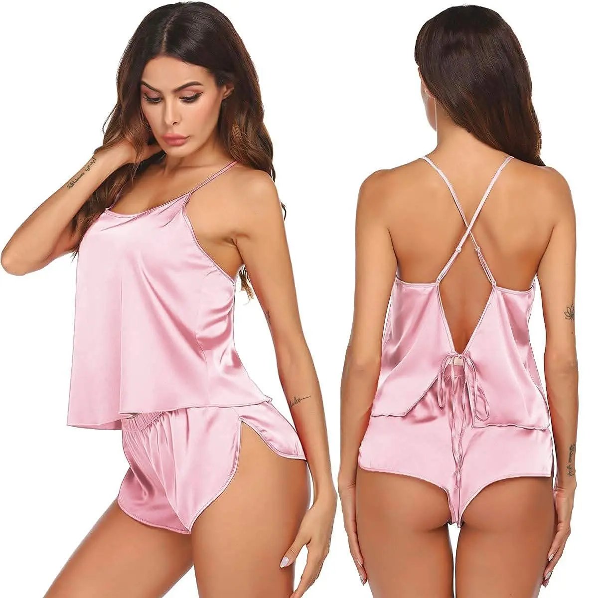 Love Salve Satin Pajamas Women's Backless Lingerie Cami Shorts Set Nightwear