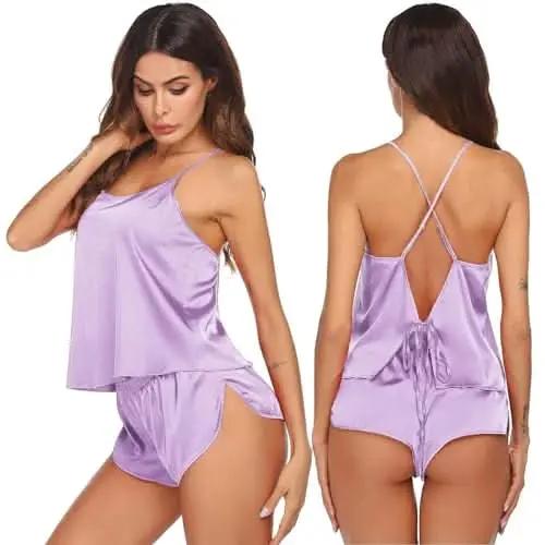 Love Salve Satin Pajamas Women's Backless Lingerie Cami Shorts Set Nightwear
