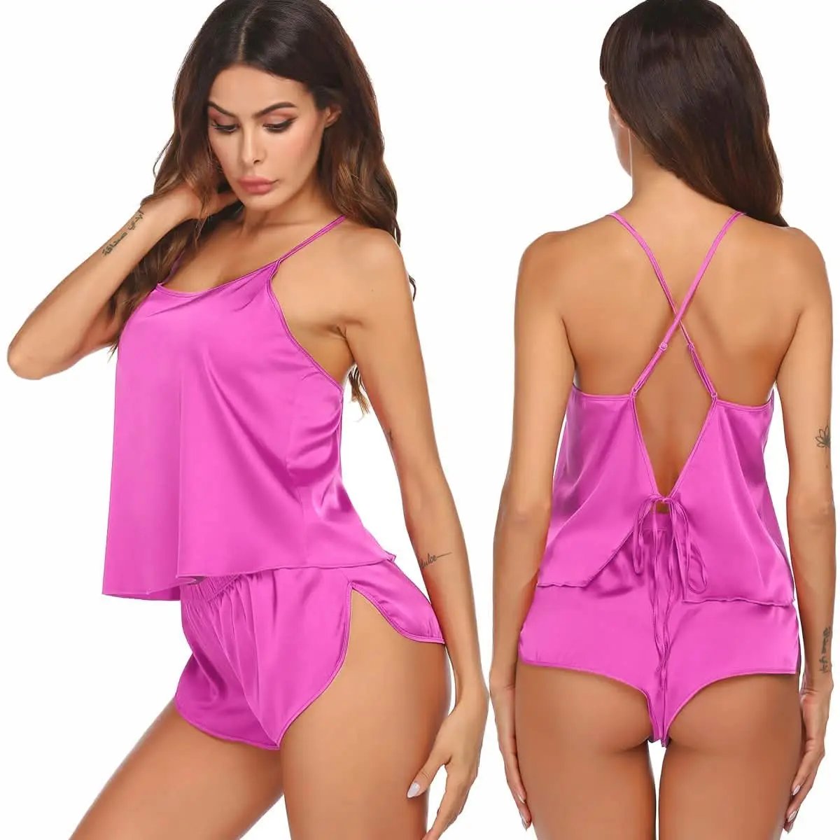 Love Salve Satin Pajamas Women's Backless Lingerie Cami Shorts Set Nightwear