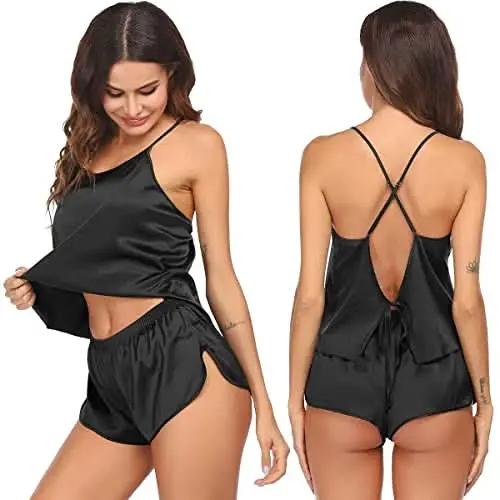 Love Salve Satin Pajamas Women's Backless Lingerie Cami Shorts Set Nightwear