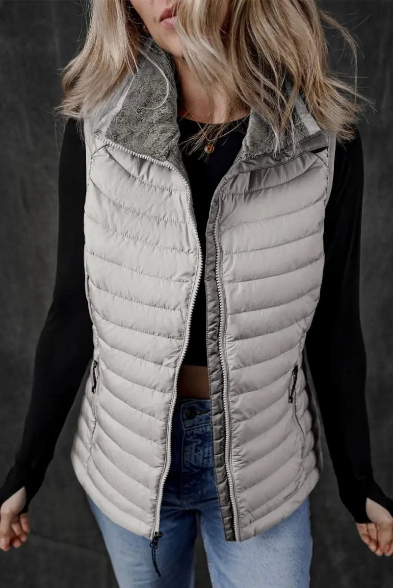 Love Salve Silvery Plush Vest Women's Layering Quilted Puffer Vest - Trendy Style
