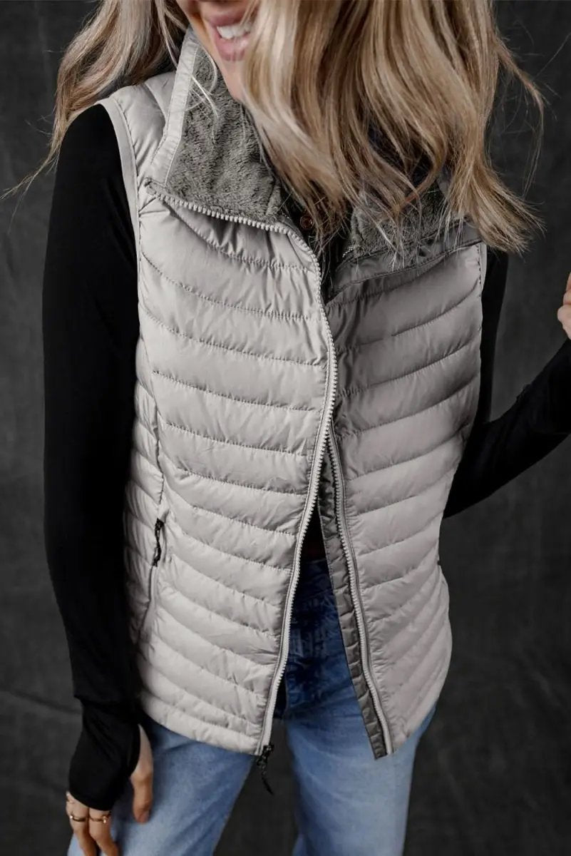 Love Salve Silvery Plush Vest Women's Layering Quilted Puffer Vest - Trendy Style