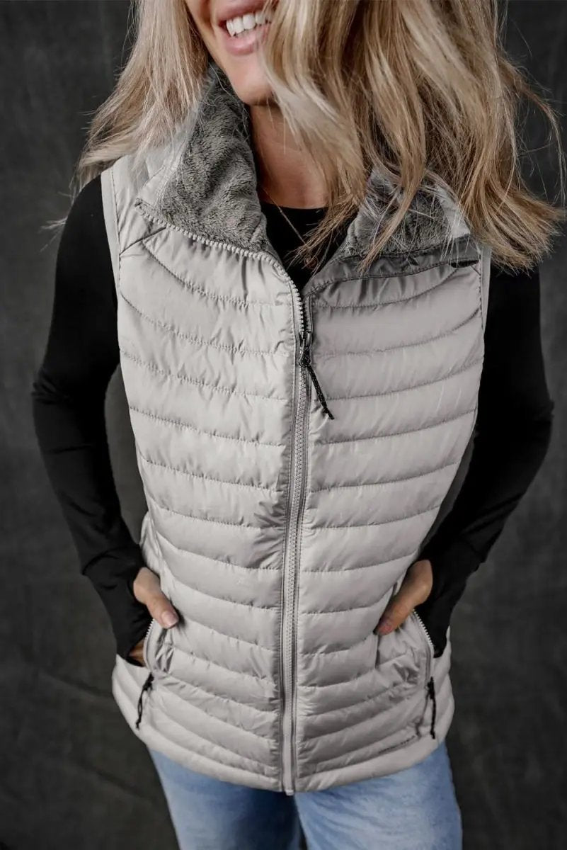 Love Salve Silvery Plush Vest Women's Layering Quilted Puffer Vest - Trendy Style