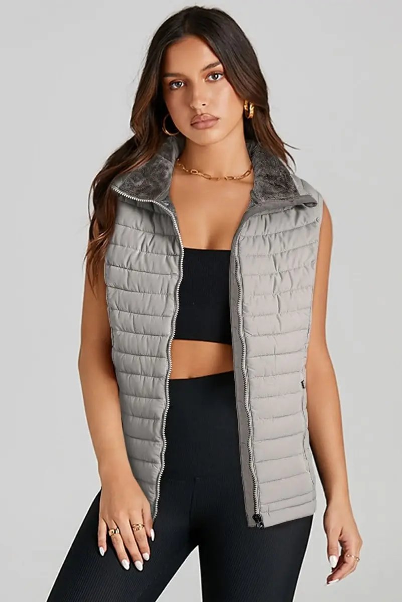 Love Salve Silvery Plush Vest Women's Layering Quilted Puffer Vest - Trendy Style