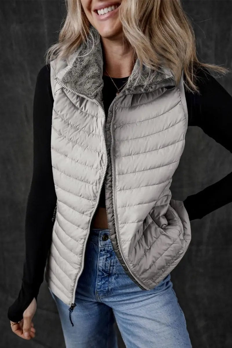 Love Salve Silvery Plush Vest Women's Layering Quilted Puffer Vest - Trendy Style