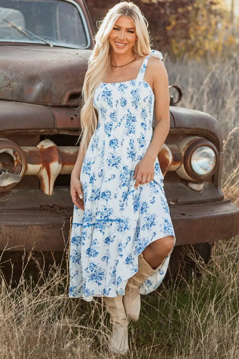 Love Salve Floral Dress Women's Vacation A-Line Shirred Knot Summer Dress