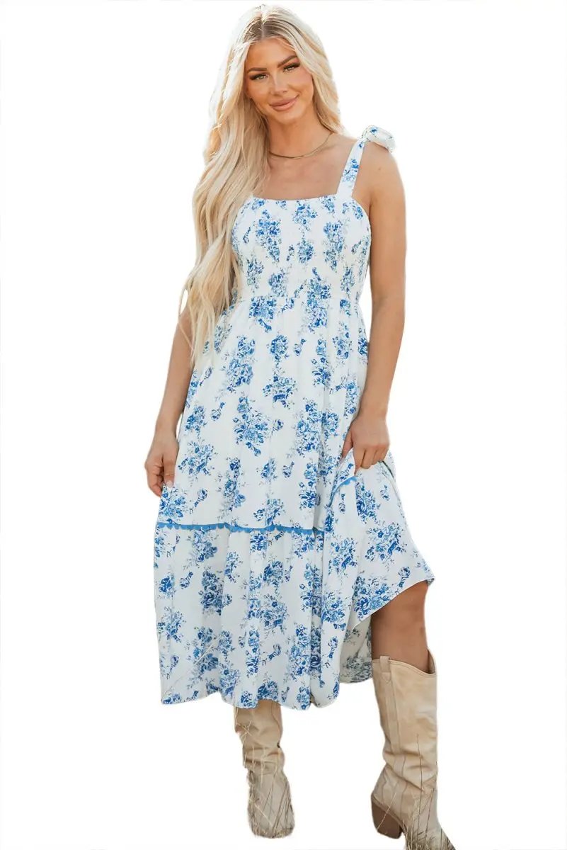 Love Salve Floral Dress Women's Vacation A-Line Shirred Knot Summer Dress