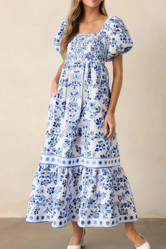 Love Salve Blue Floral Dress Women's Wedding Guest A-Line Summer Dress - Flattering & Stylish