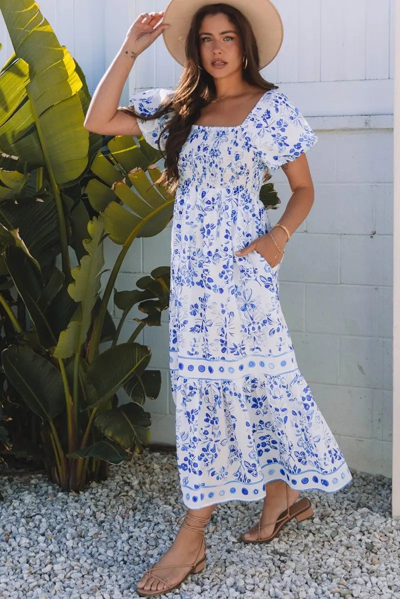 Love Salve Blue Floral Dress Women's Wedding Guest A-Line Summer Dress - Flattering & Stylish