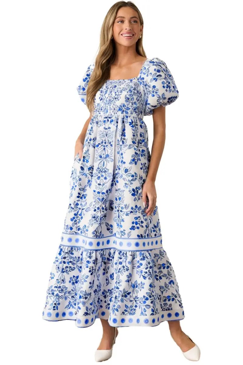 Love Salve Blue Floral Dress Women's Wedding Guest A-Line Summer Dress - Flattering & Stylish