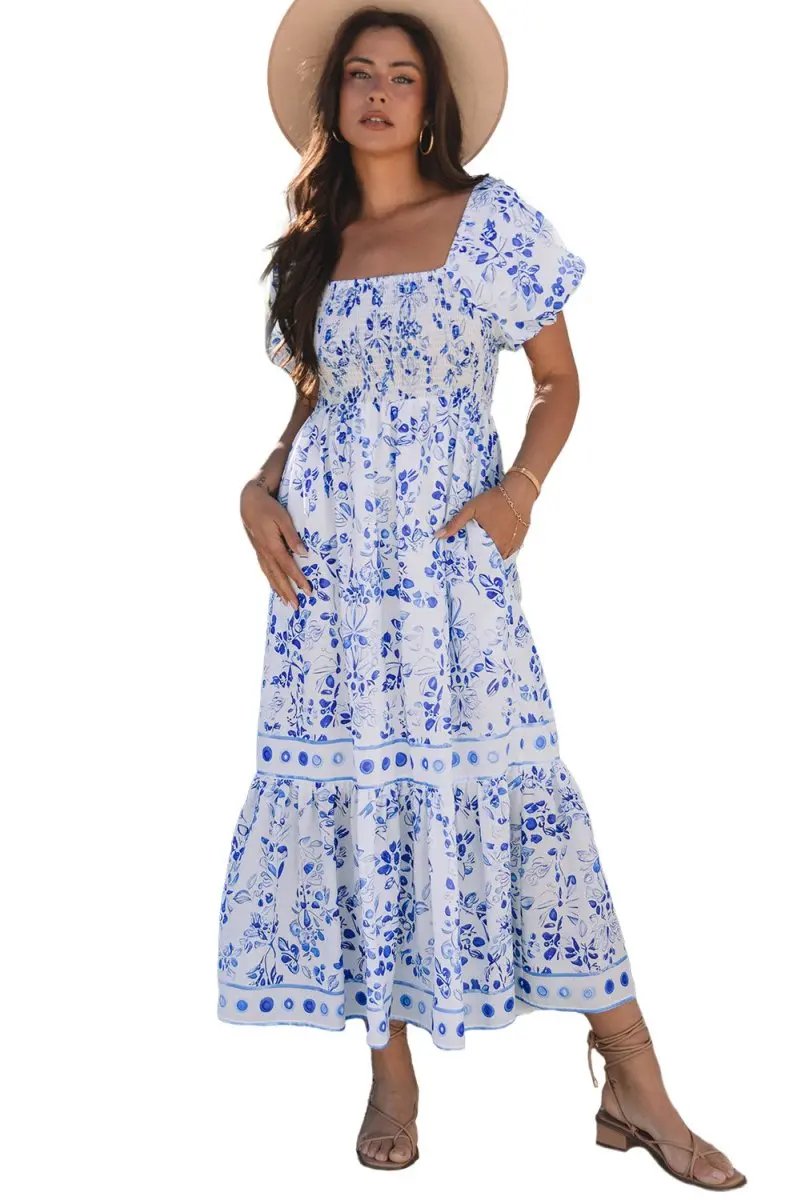 Love Salve Blue Floral Dress Women's Wedding Guest A-Line Summer Dress - Flattering & Stylish